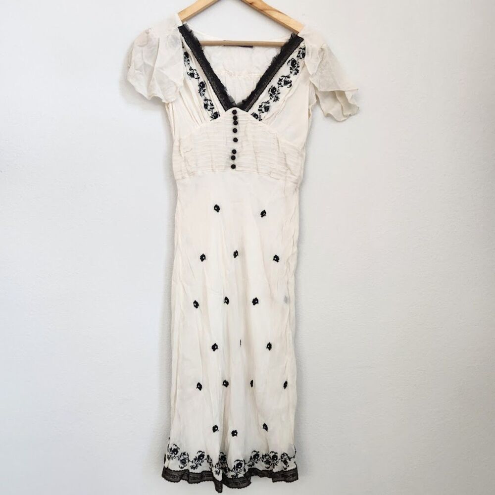 Hale Bob Cream & Black Embroidered Midi Dress | Size XS